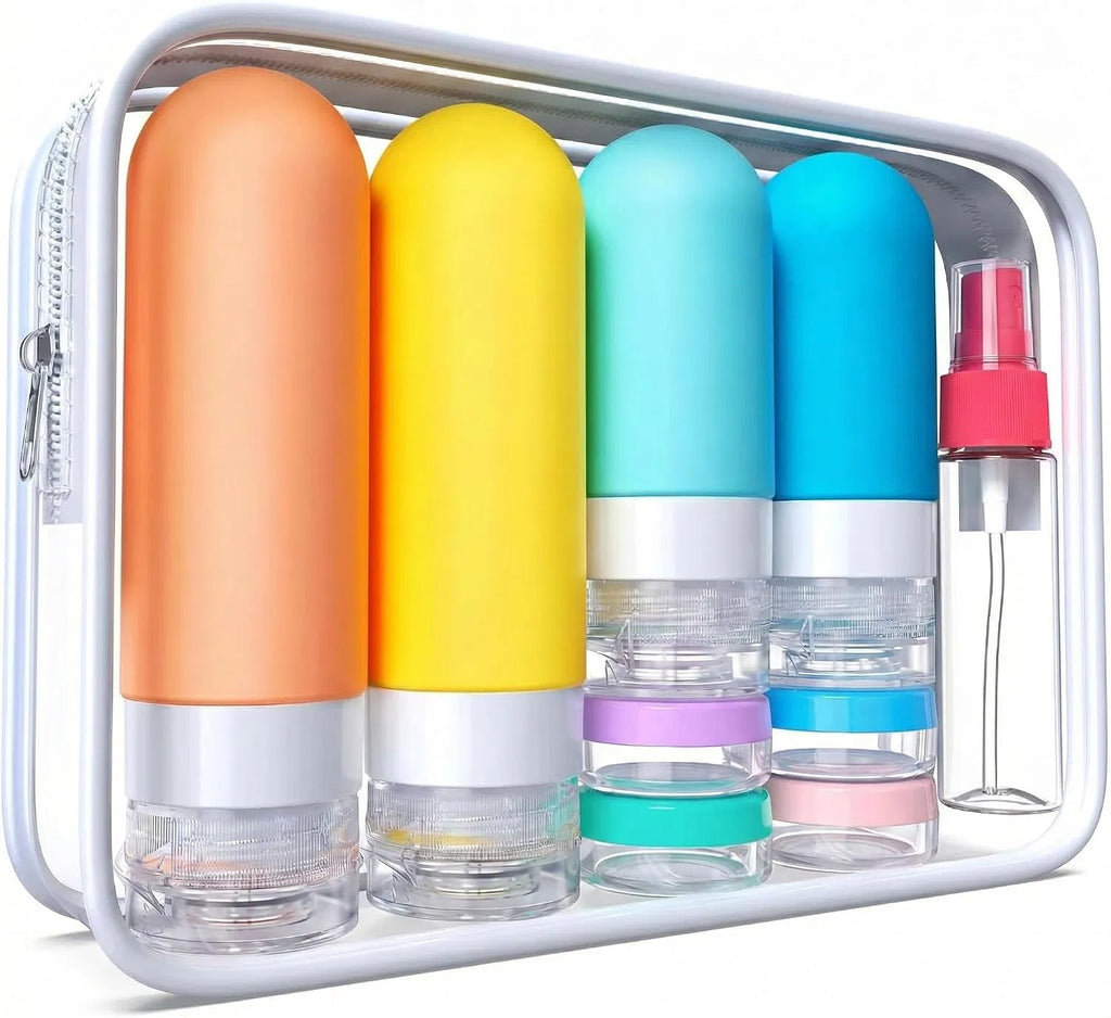 17‑Pack TSA‑Approved Silicone Travel Toiletry Bottles, Refillable Leak‑Proof Travel Size Containers Set with Clear Storage Bag & Travel Accessories