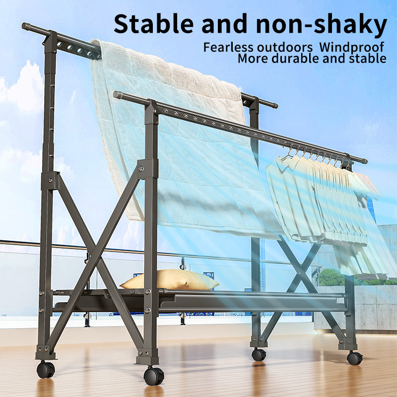 Heavy Duty Foldable Clothes Drying Rack with Wheels, Adjustable Height & Length Portable Laundry Garment Rack