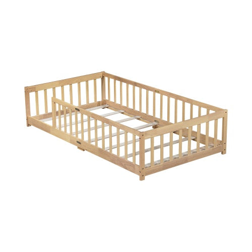 AEELLEEA Twin Size Montessori Floor Bed with Guardrails, Wooden Kids Bed Frame with Low Entry and Slats, Natural