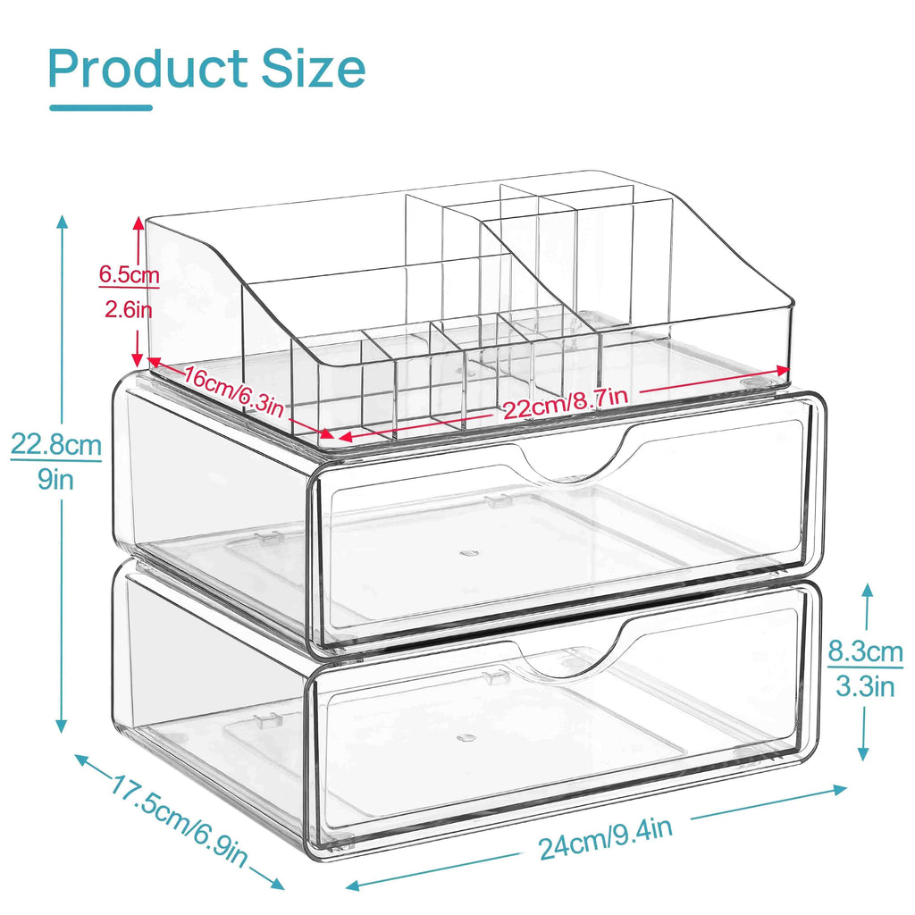 Clear Stackable Makeup Organizer with 2 Drawers, 3-Tier Cosmetic Storage with Divided Top Tray, Non-Slip Vanity Holder for Skincare Brushes