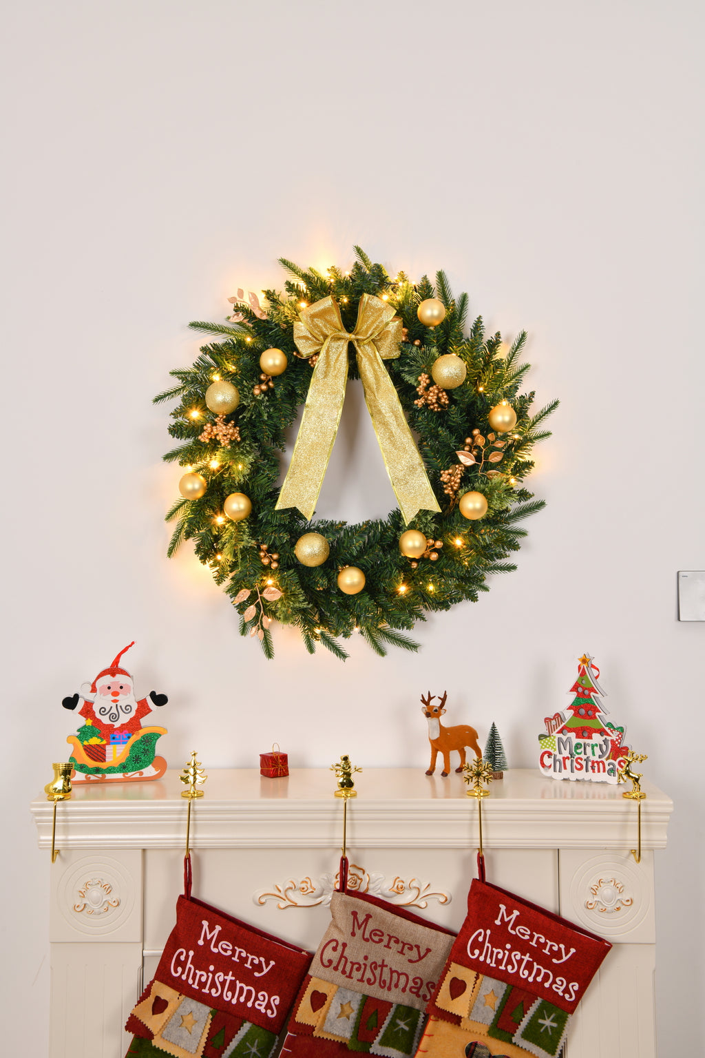 AEELLEEA-24in Pre-lit Artificial Christmas Wreath with Remote, 50 Warm LED Lights, 120 PVC Tips & Ornaments for Front Door, Gate & Wall Holiday Decor