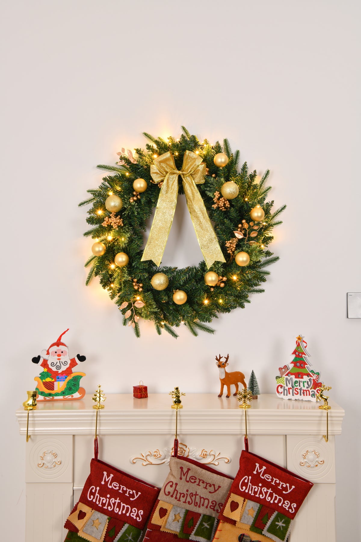 AEELLEEA-24in Pre-lit Artificial Christmas Wreath with Remote, 50 Warm LED Lights, 120 PVC Tips & Ornaments for Front Door, Gate & Wall Holiday Decor
