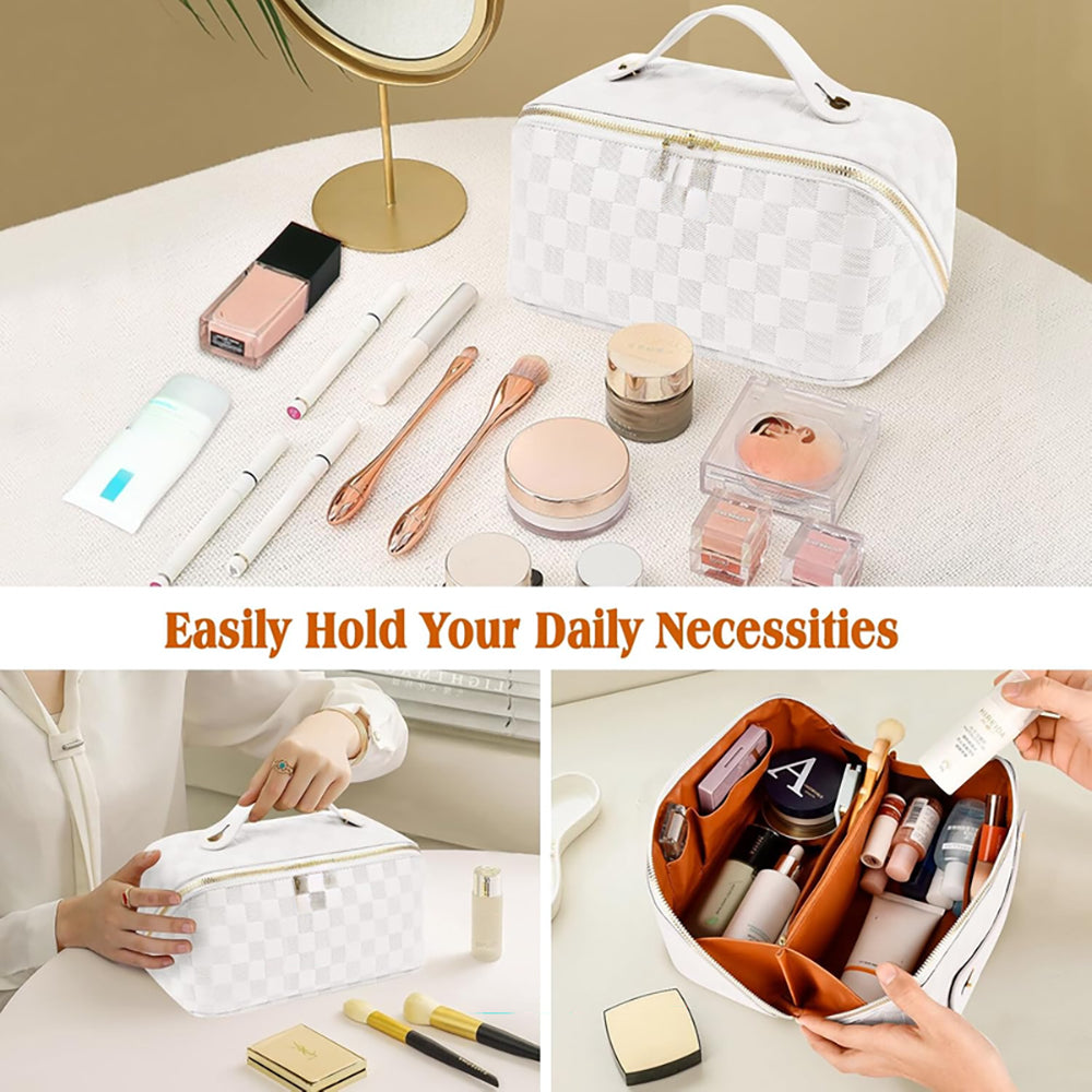 Checkered Makeup Bag, Large Capacity Cosmetic Bag with Handle, Portable Waterproof Travel Toiletry Organizer for Women