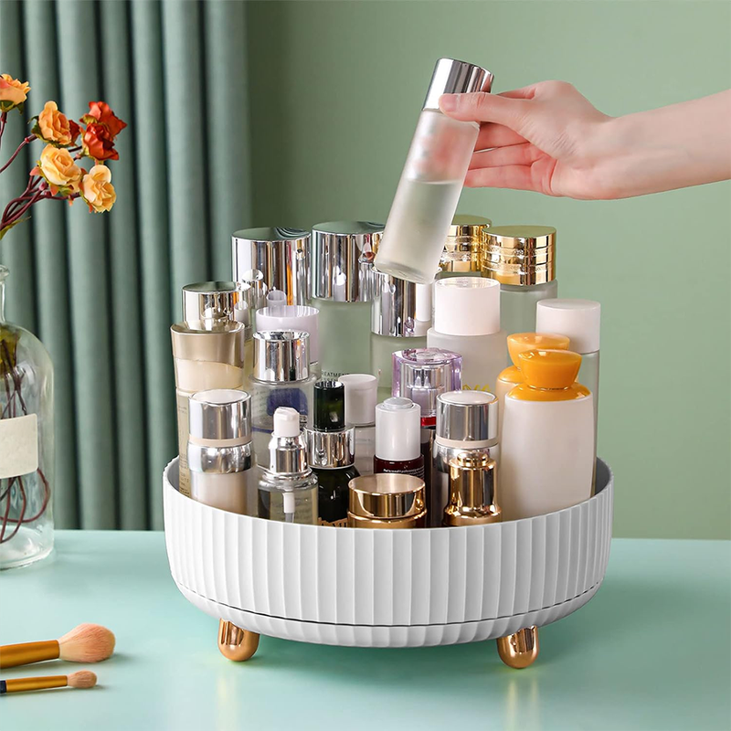 360 Degree Rotating Makeup Organizer Tray, Lazy Susan Perfume and Skincare Storage Organizer for Vanity, Dresser and Bathroom Countertop-white