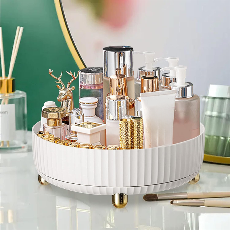 360 Degree Rotating Makeup Organizer Tray, Lazy Susan Perfume and Skincare Storage Organizer for Vanity, Dresser and Bathroom Countertop-white