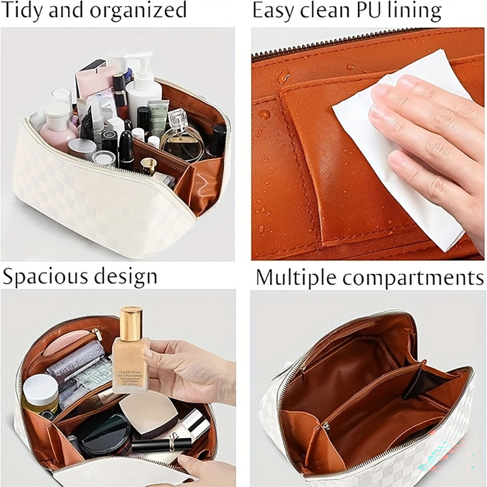 Checkered Makeup Bag, Large Capacity Cosmetic Bag with Handle, Portable Waterproof Travel Toiletry Organizer for Women