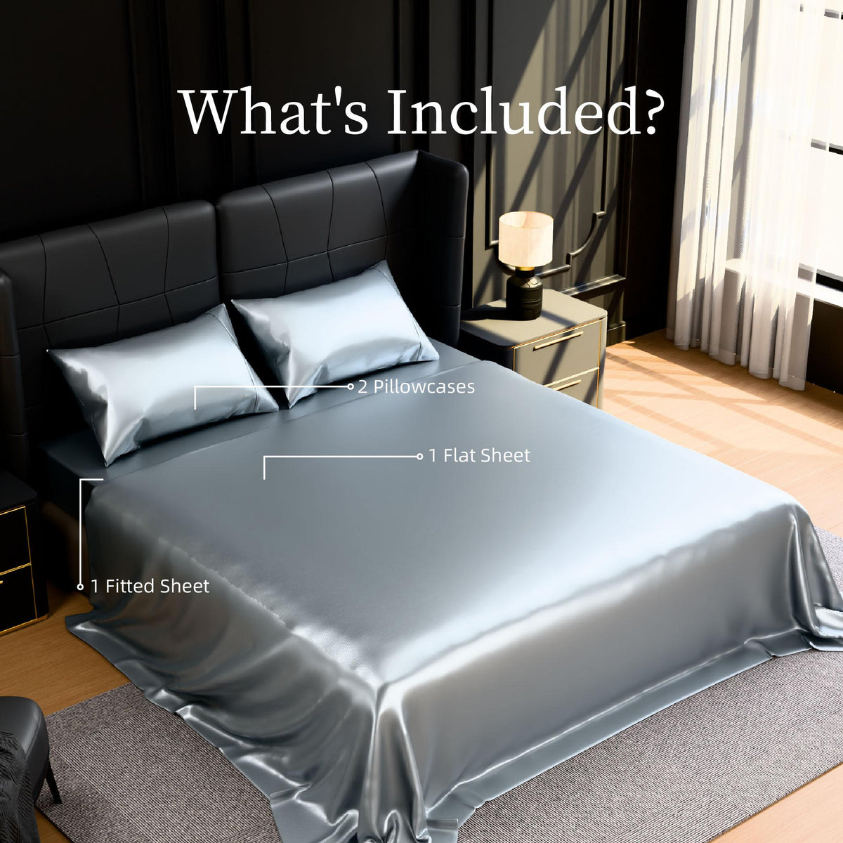 Satin Bed Sheets, King Size Sheets Set, 4 Pcs Silky Bedding Set with 15 Inches Deep Pocket for Mattress (King)