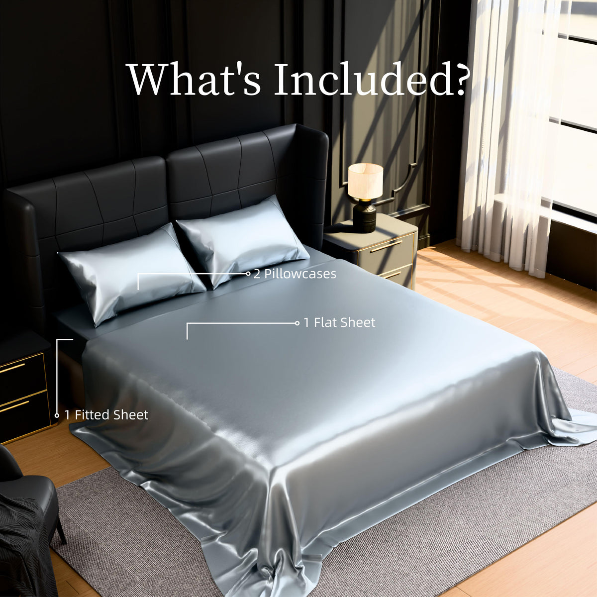 Satin Bed Sheets, Full Size Sheets Set, 4 Pcs Silky Bedding Set with 15 Inches Deep Pocket for Mattress