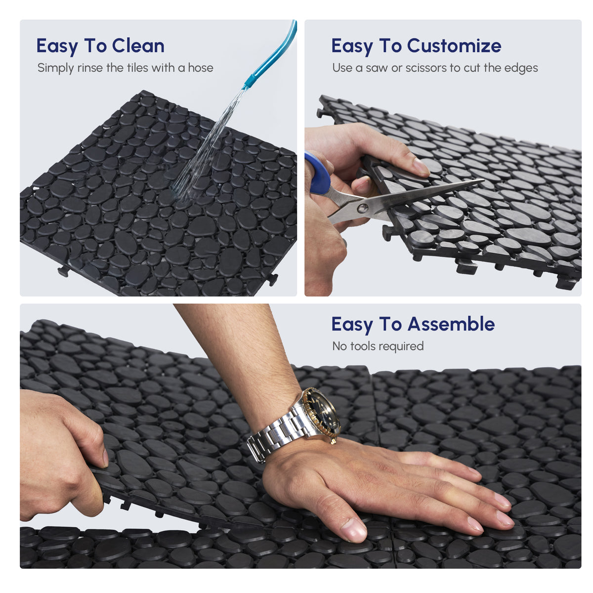 AEELLEEA 12x12 Inch Black Interlocking Deck Tiles, Pebble Pattern Plastic Floor Tiles, Waterproof Non-Slip, Pack of 60 for Bathroom, Patio, Balcony