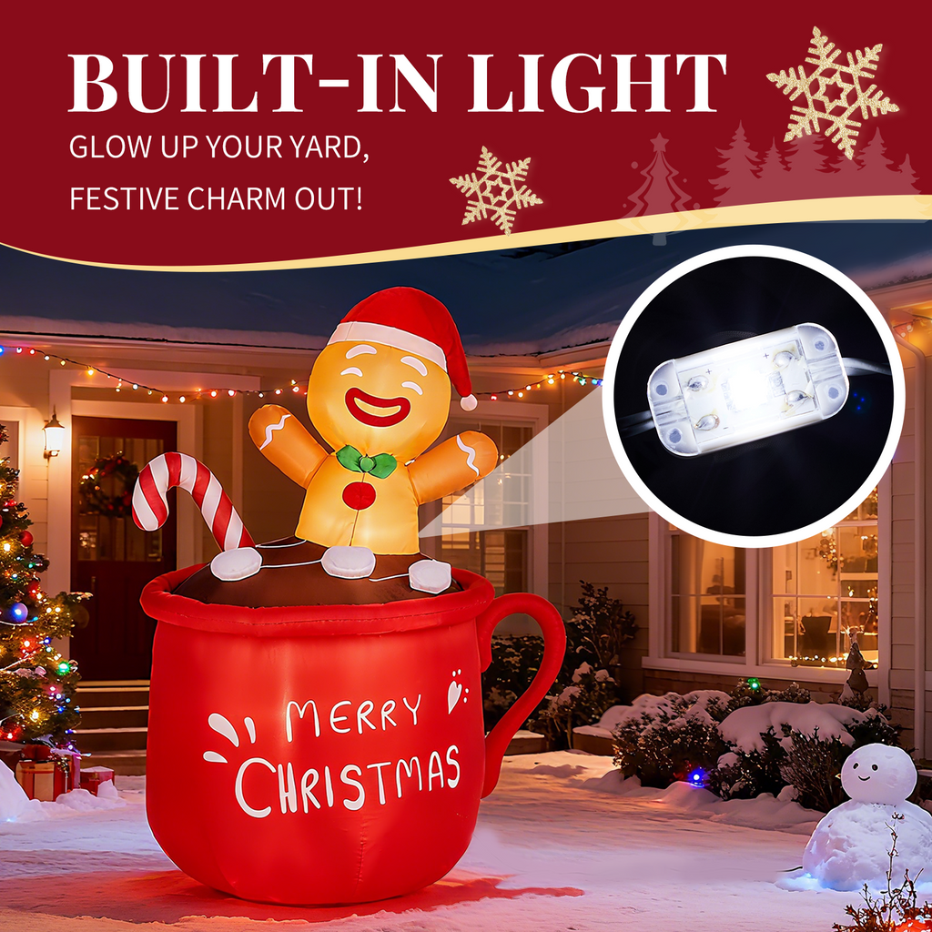 AEELLEEA-Christmas Inflatable Decoration, Gingerbread Man in Hot Cocoa Cup with Warm White LED Lights, Indoor Outdoor Holiday Yard Decor