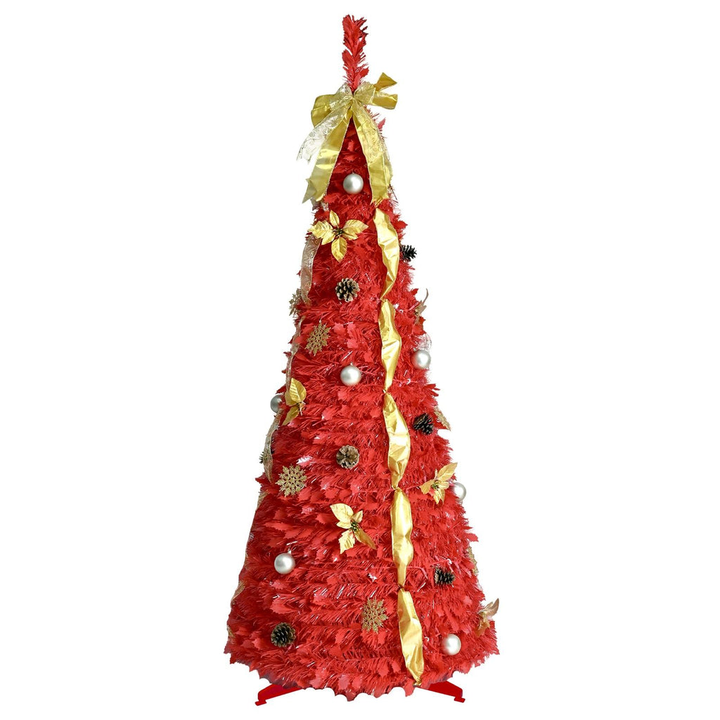 6FT pop up tree +150 lights 4 ribbons 1 large bow 12 Christmas flowers 12 snowflakes 12 pine cones 12 60MM balls