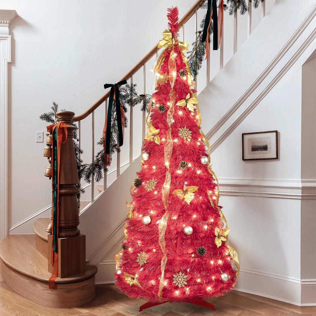 6FT pop up tree +150 lights 4 ribbons 1 large bow 12 Christmas flowers 12 snowflakes 12 pine cones 12 60MM balls