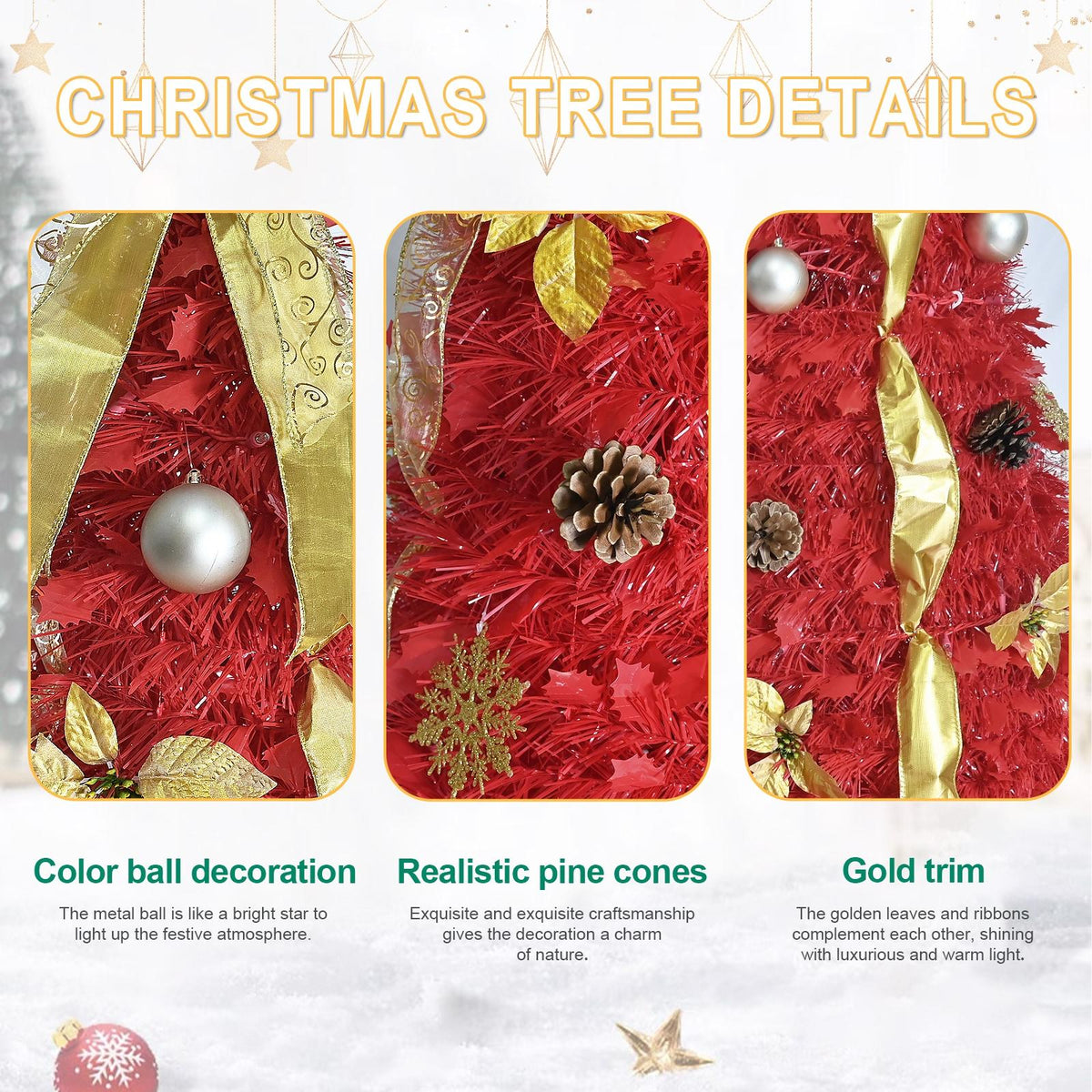 6FT pop up tree +150 lights 4 ribbons 1 large bow 12 Christmas flowers 12 snowflakes 12 pine cones 12 60MM balls
