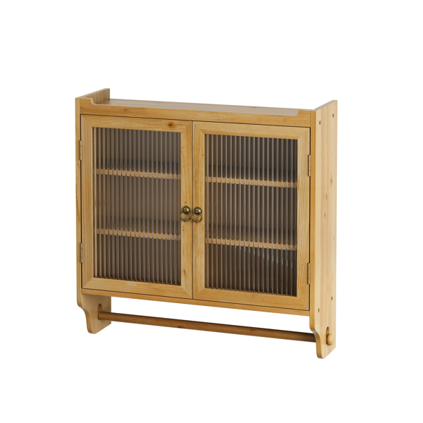 AEELLEEA Wall-Mounted Wooden Storage Cabinet with Ribbed Glass Doors, 3-Tier Shelves and Hanging Rail for Kitchen or Bathroom