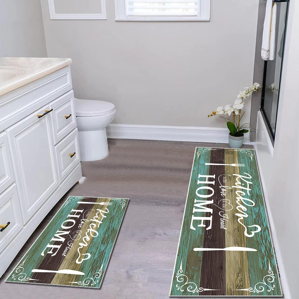Boho Kitchen Rug Set 2 Pieces, Washable Non-Slip Soft Floor Mats for Kitchen, Laundry & Hallway, Teal (20''x32''+20''x60'')