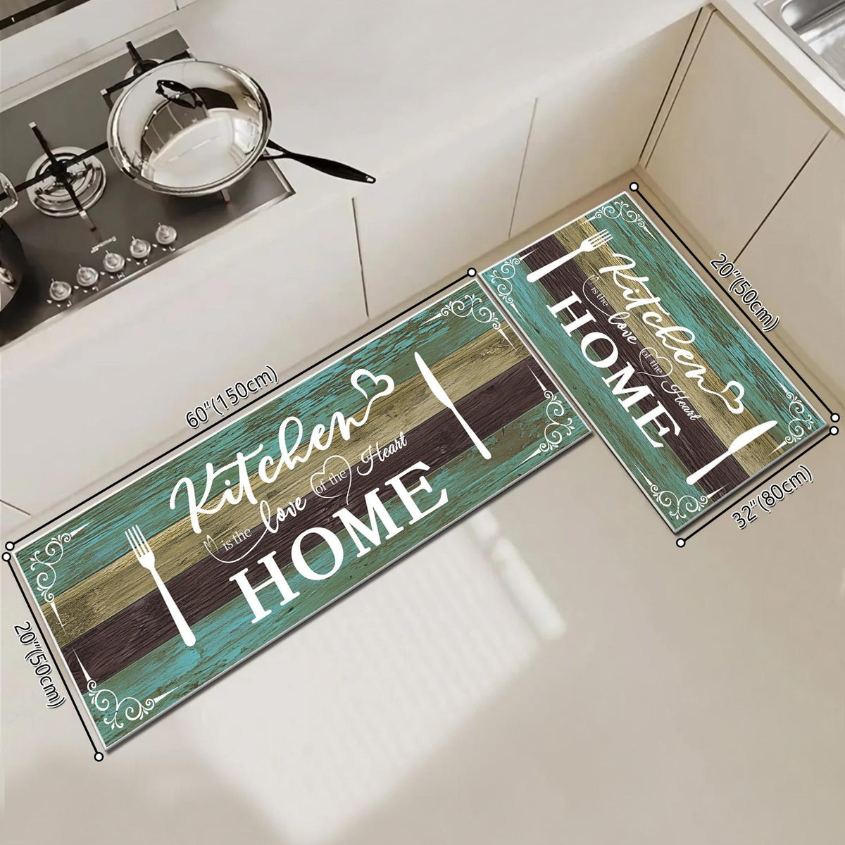 Boho Kitchen Rug Set 2 Pieces, Washable Non-Slip Soft Floor Mats for Kitchen, Laundry & Hallway, Teal (20''x32''+20''x60'')