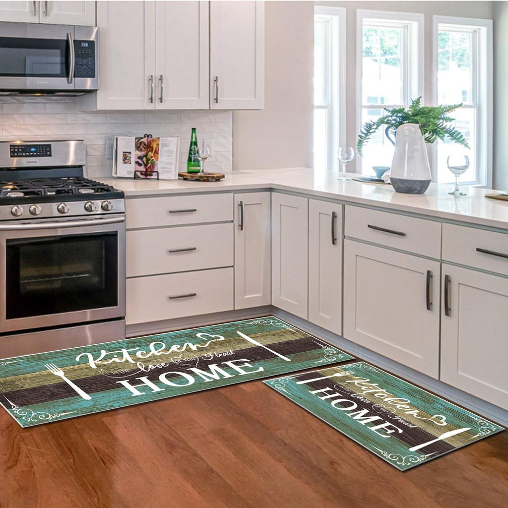 Boho Kitchen Rug Set 2 Pieces, Washable Non-Slip Soft Floor Mats for Kitchen, Laundry & Hallway, Teal (20''x32''+20''x60'')