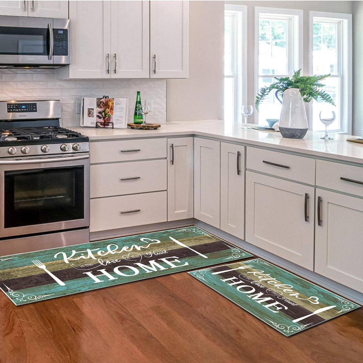 Boho Kitchen Rug Set 2 Pieces, Washable Non-Slip Soft Floor Mats for Kitchen, Laundry & Hallway, Teal (20''x32''+20''x60'')