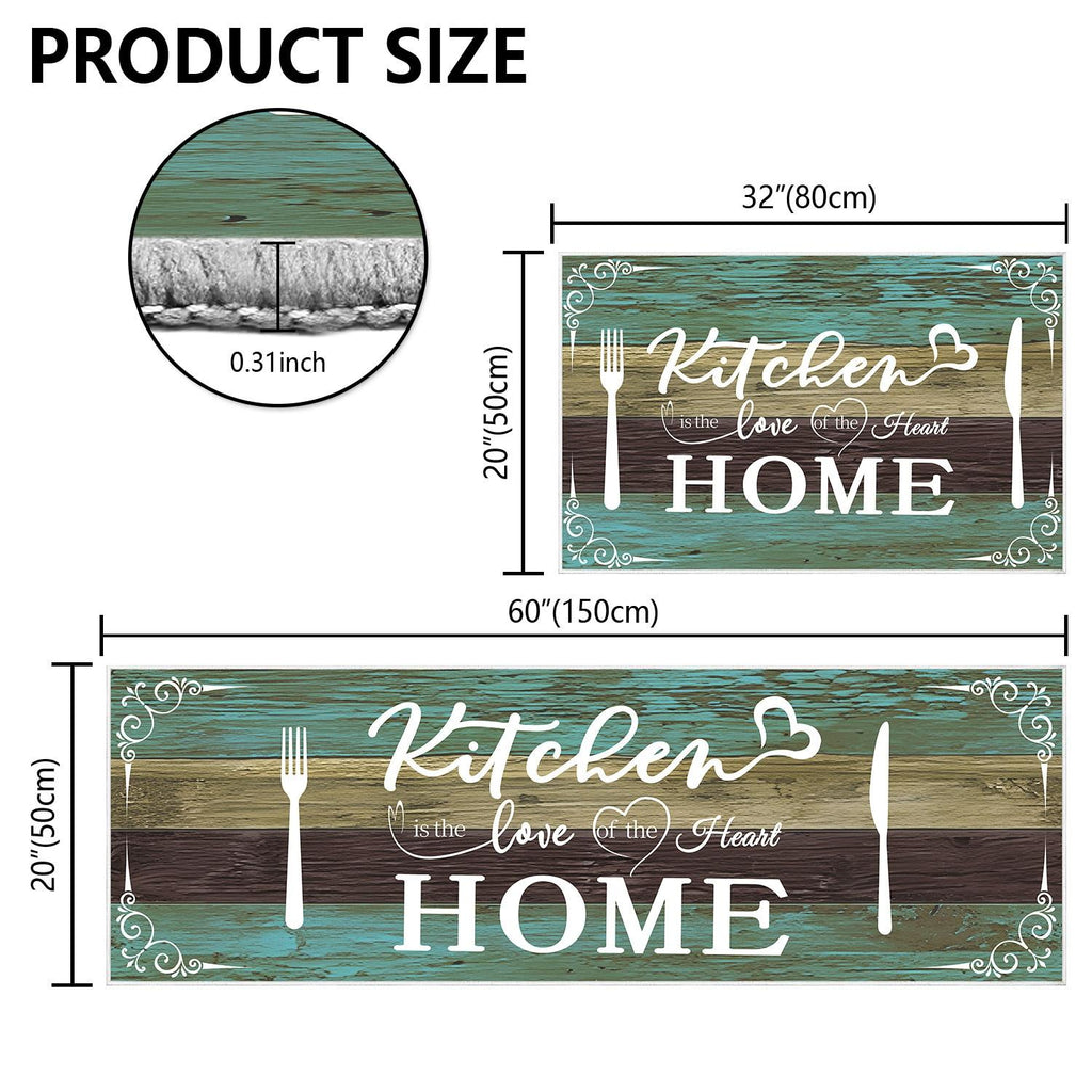 Boho Kitchen Rug Set 2 Pieces, Washable Non-Slip Soft Floor Mats for Kitchen, Laundry & Hallway, Teal (20''x32''+20''x60'')