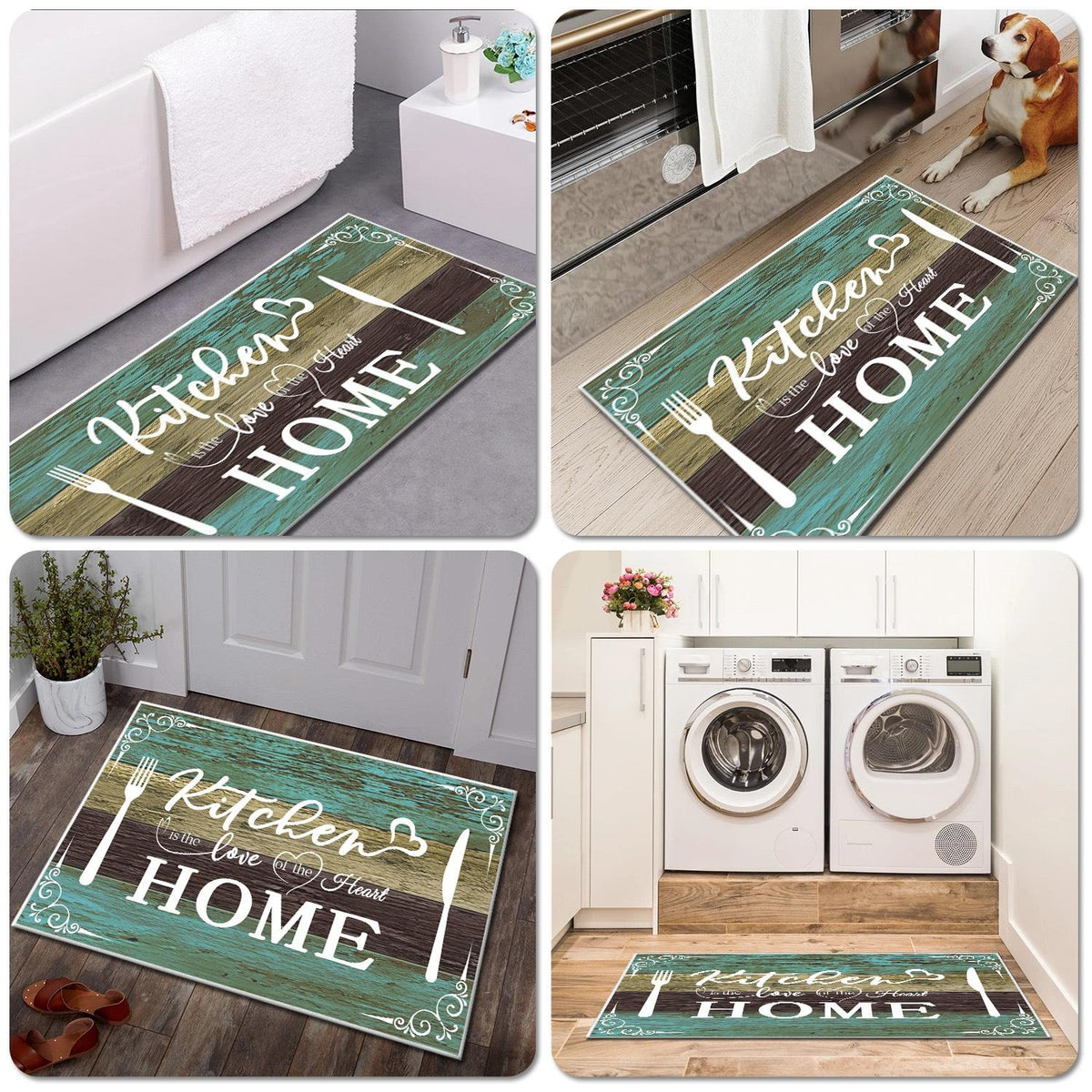 Boho Kitchen Rug Set 2 Pieces, Washable Non-Slip Soft Floor Mats for Kitchen, Laundry & Hallway, Teal (20''x32''+20''x60'')