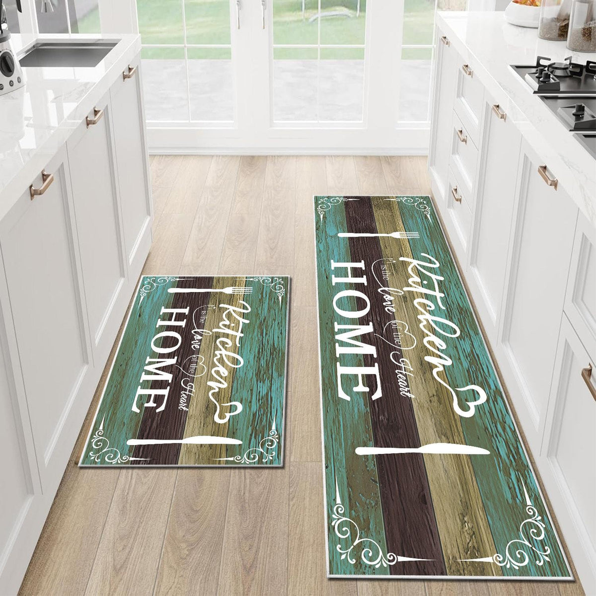 Boho Kitchen Rug Set 2 Pieces, Washable Non-Slip Soft Floor Mats for Kitchen, Laundry & Hallway, Teal (20''x32''+20''x60'')