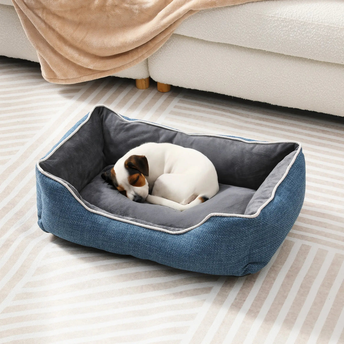 Plush Linen Sofa-Style Dog & Cat Bed, Anti-Slip Waterproof Bottom, Raised Sides with Low Entry, Removable Washable Cover, Indoor & Outdoor, Blue