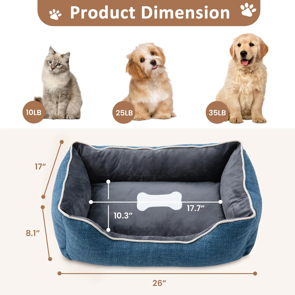 Plush Linen Sofa-Style Dog & Cat Bed, Anti-Slip Waterproof Bottom, Raised Sides with Low Entry, Removable Washable Cover, Indoor & Outdoor, Blue