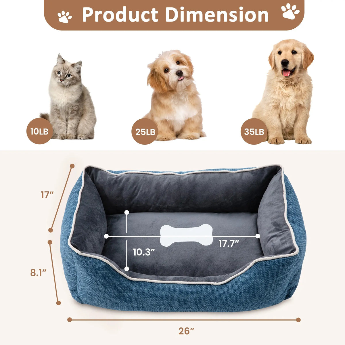 Plush Linen Sofa-Style Dog & Cat Bed, Anti-Slip Waterproof Bottom, Raised Sides with Low Entry, Removable Washable Cover, Indoor & Outdoor, Blue