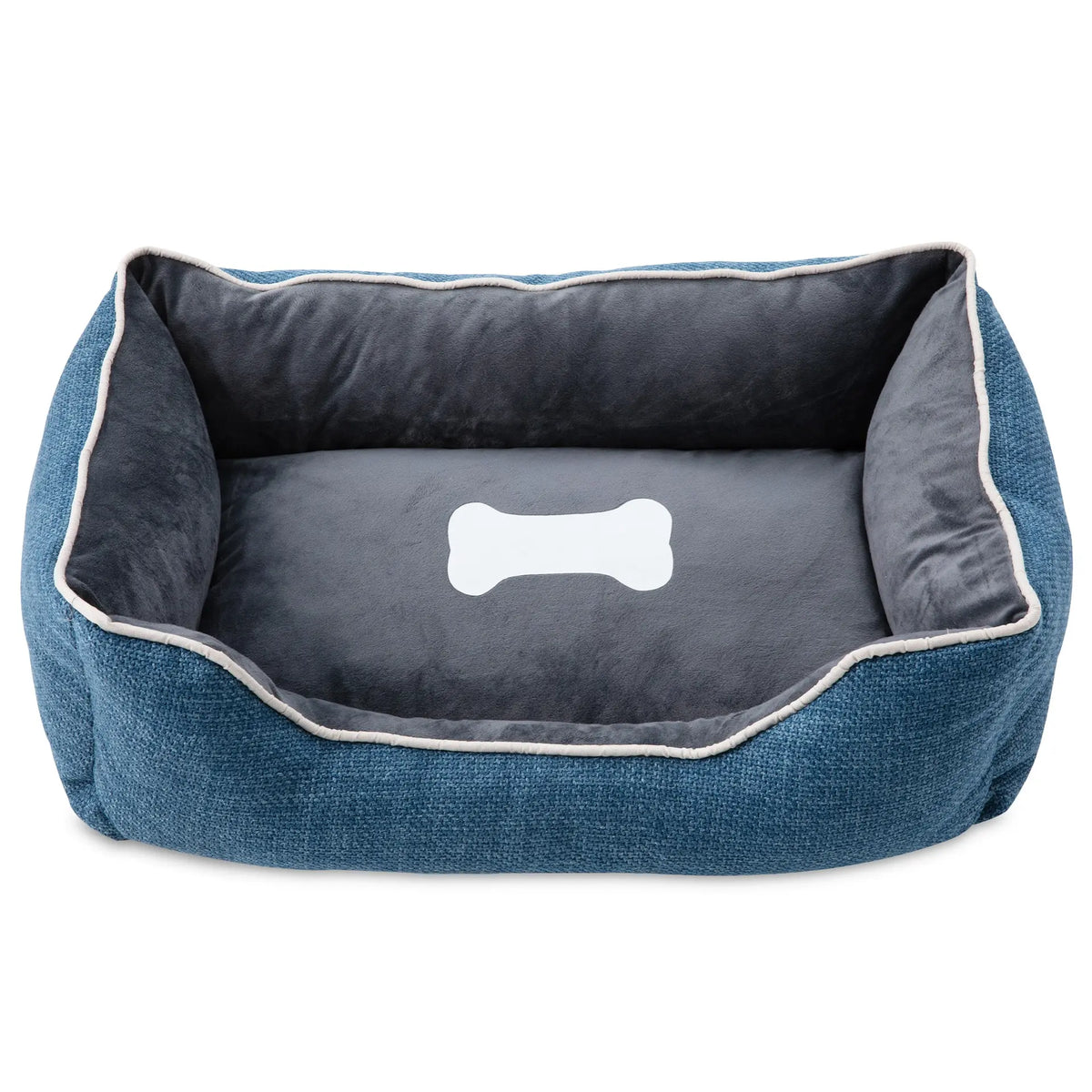Plush Linen Sofa-Style Dog & Cat Bed, Anti-Slip Waterproof Bottom, Raised Sides with Low Entry, Removable Washable Cover, Indoor & Outdoor, Blue