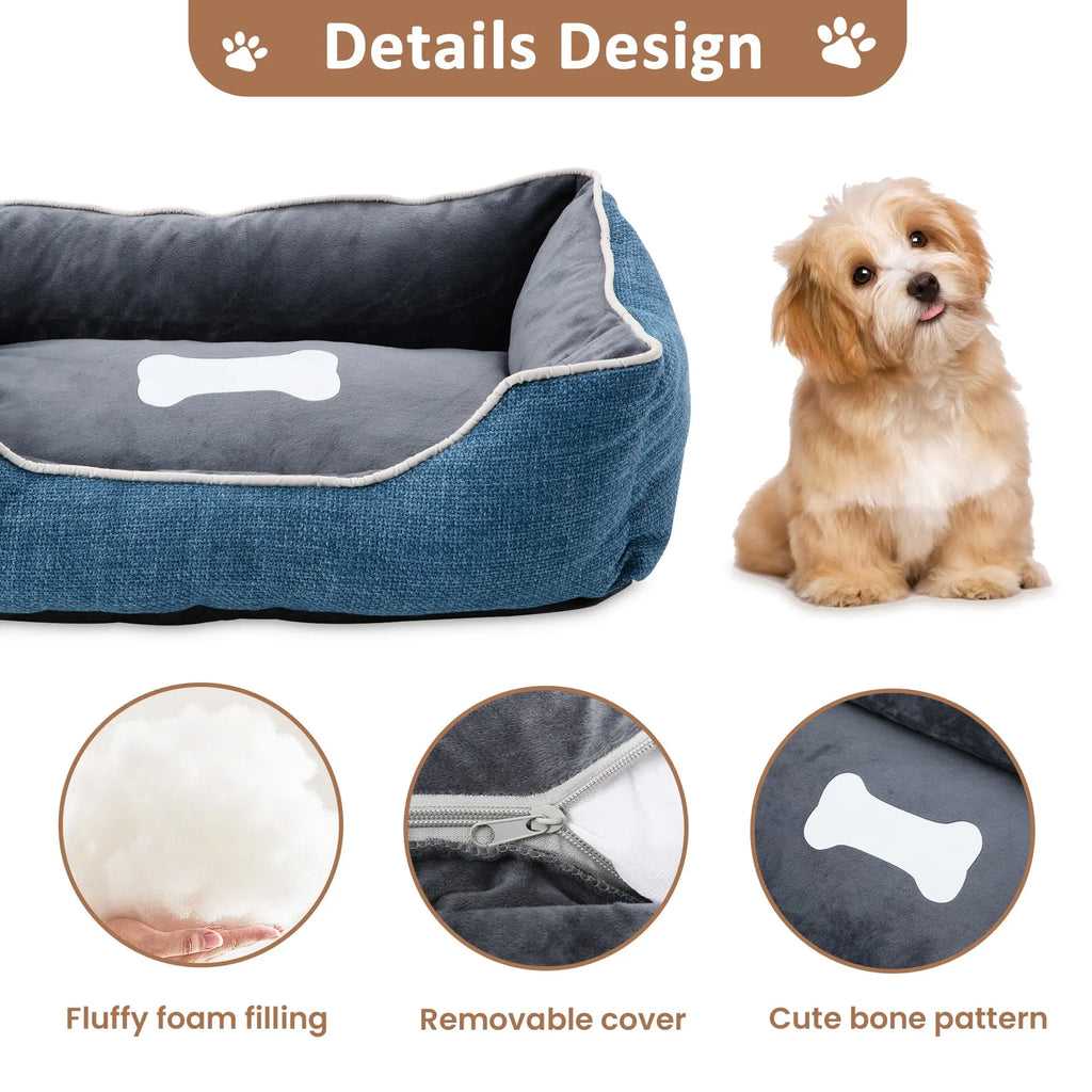 Plush Linen Sofa-Style Dog & Cat Bed, Anti-Slip Waterproof Bottom, Raised Sides with Low Entry, Removable Washable Cover, Indoor & Outdoor, Blue