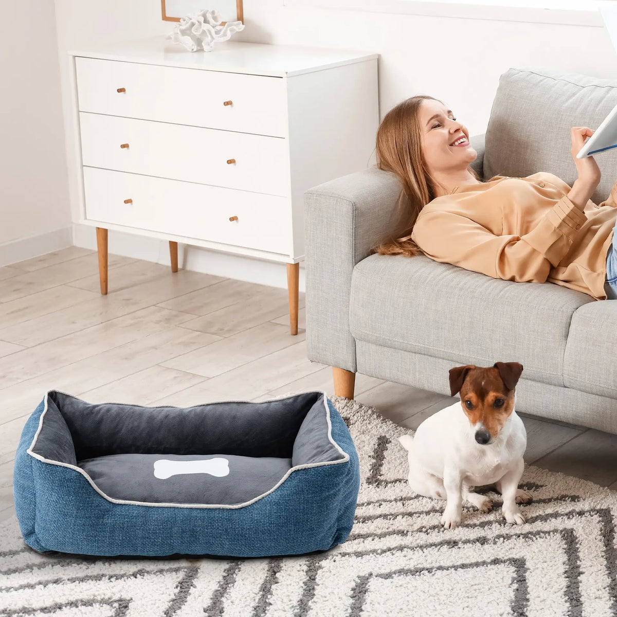 Plush Linen Sofa-Style Dog & Cat Bed, Anti-Slip Waterproof Bottom, Raised Sides with Low Entry, Removable Washable Cover, Indoor & Outdoor, Blue