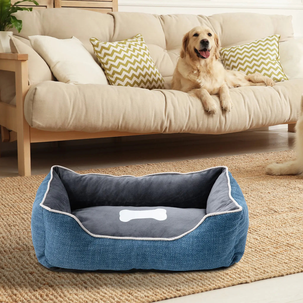 Plush Linen Sofa-Style Dog & Cat Bed, Anti-Slip Waterproof Bottom, Raised Sides with Low Entry, Removable Washable Cover, Indoor & Outdoor, Blue