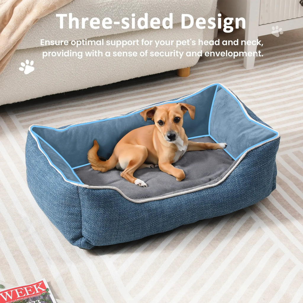 Plush Linen Sofa-Style Dog & Cat Bed, Anti-Slip Waterproof Bottom, Raised Sides with Low Entry, Removable Washable Cover, Indoor & Outdoor, Blue