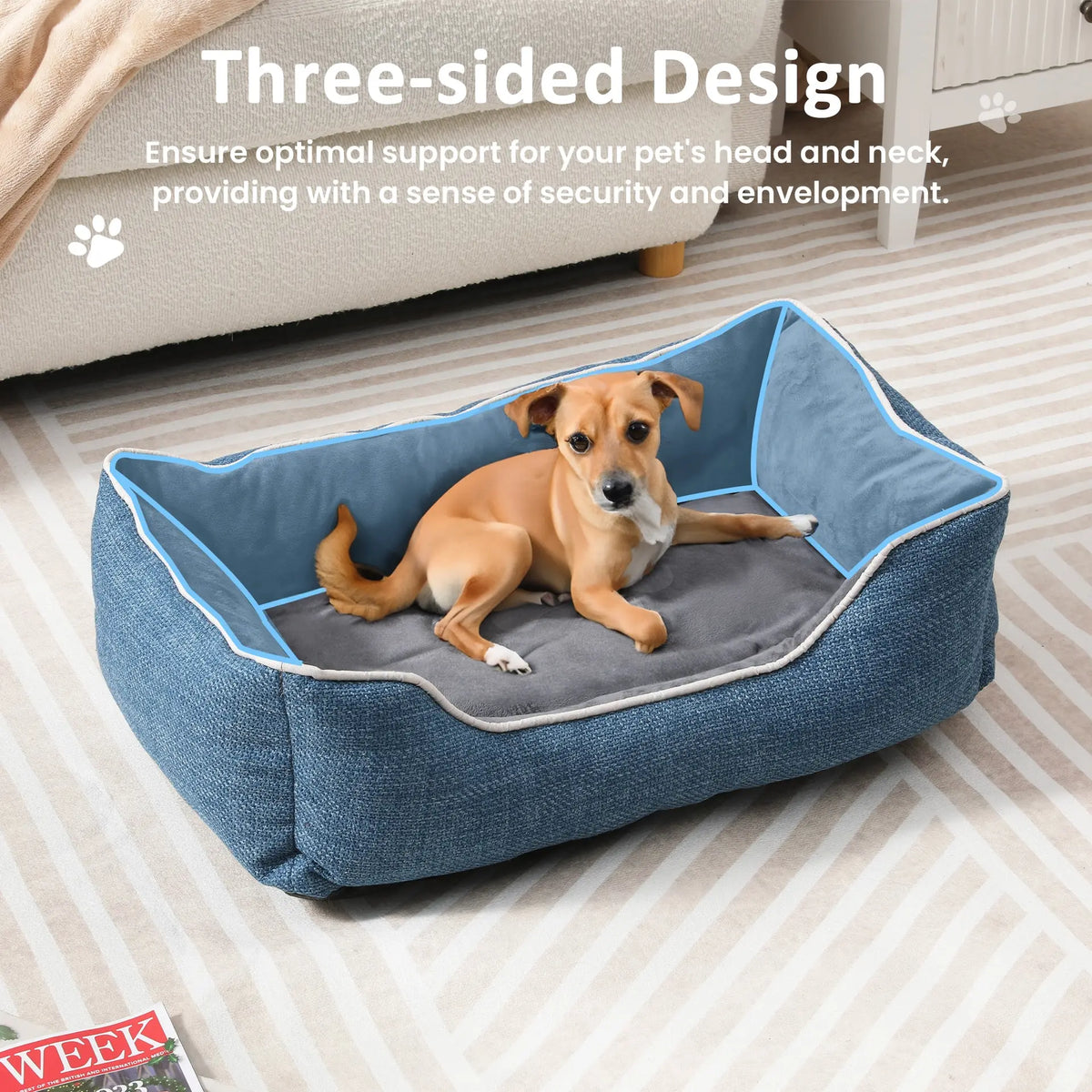 Plush Linen Sofa-Style Dog & Cat Bed, Anti-Slip Waterproof Bottom, Raised Sides with Low Entry, Removable Washable Cover, Indoor & Outdoor, Blue