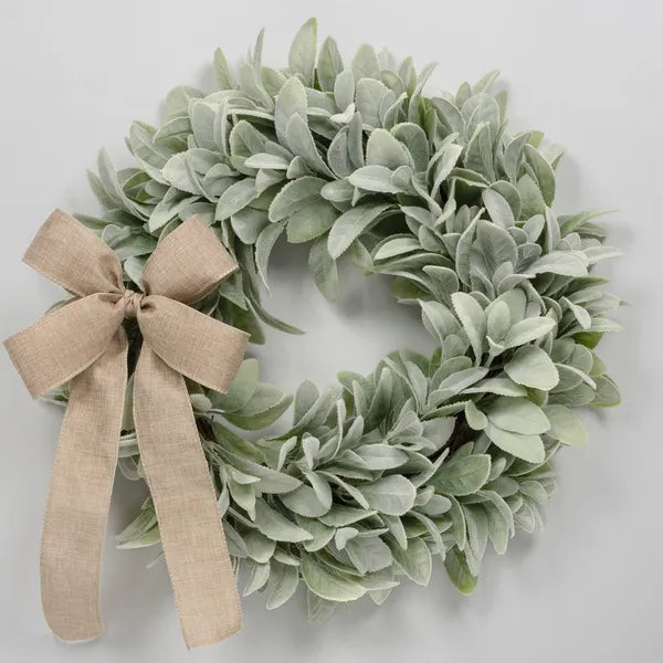 17.7 Inch Artificial Lamb's Ear Wreath with Burlap Bow, Faux Greenery Wreath for Front Door, All Season Farmhouse Wall Porch Home Decor