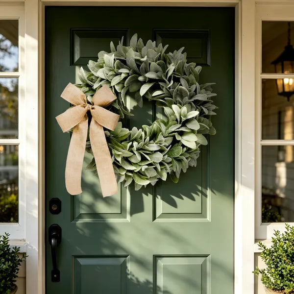 17.7 Inch Artificial Lamb's Ear Wreath with Burlap Bow, Faux Greenery Wreath for Front Door, All Season Farmhouse Wall Porch Home Decor