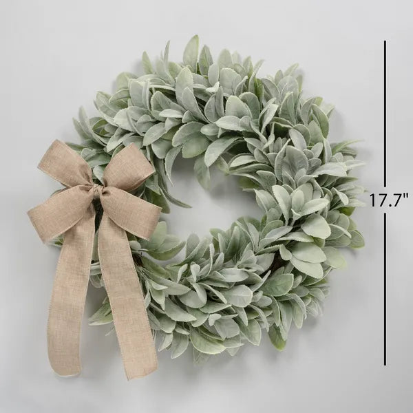 17.7 Inch Artificial Lamb's Ear Wreath with Burlap Bow, Faux Greenery Wreath for Front Door, All Season Farmhouse Wall Porch Home Decor