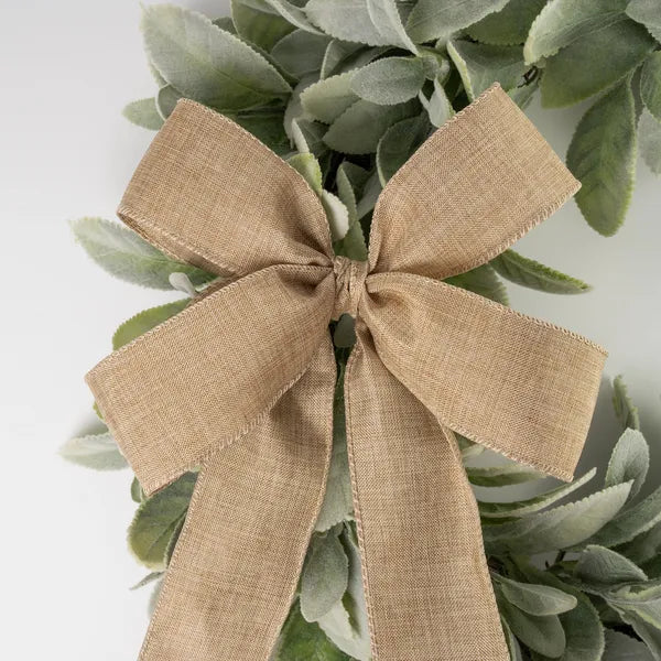 17.7 Inch Artificial Lamb's Ear Wreath with Burlap Bow, Faux Greenery Wreath for Front Door, All Season Farmhouse Wall Porch Home Decor
