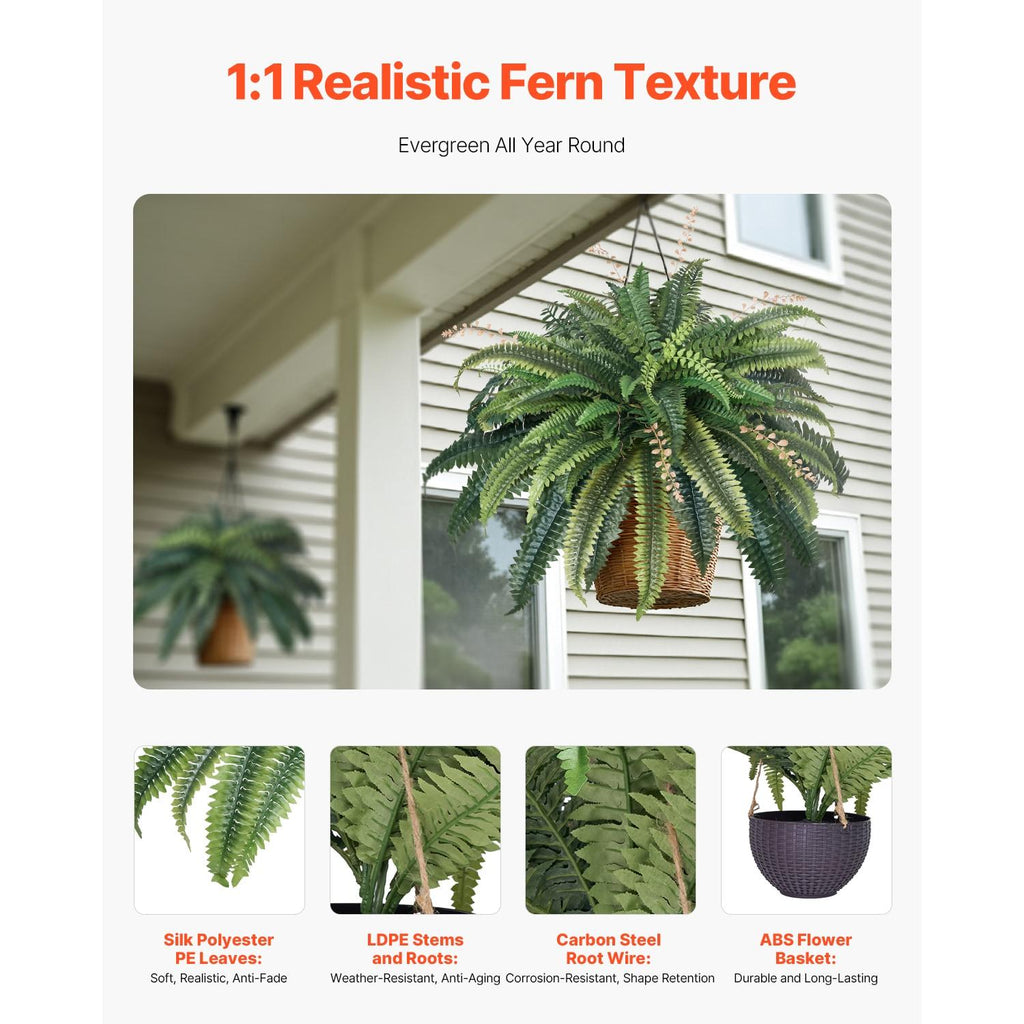 Artificial Boston Ferns, 37-41" Spread, Hanging Fake Plant with 80 Branches & Flowerpot, Sunlight Resistant Faux Fern for Wall Home Office Outdoor