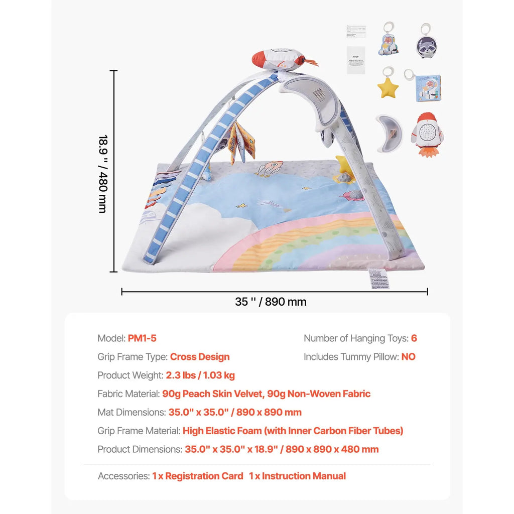 Tummy Time Activity Mat, Space Themed Baby Play Gym with 6 Hanging Sensory Toys, 35 x 35 Inch, for Newborn Infants 0-18 Months