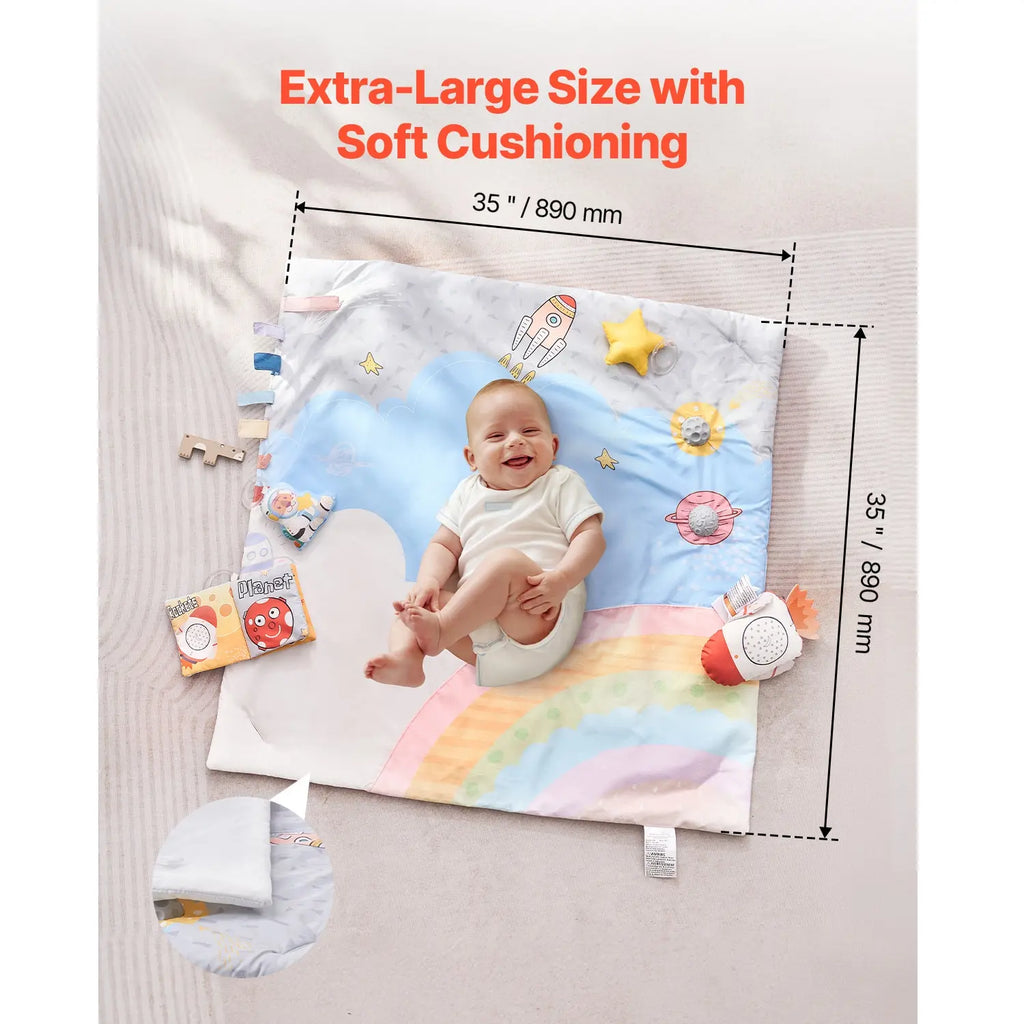 Tummy Time Activity Mat, Space Themed Baby Play Gym with 6 Hanging Sensory Toys, 35 x 35 Inch, for Newborn Infants 0-18 Months