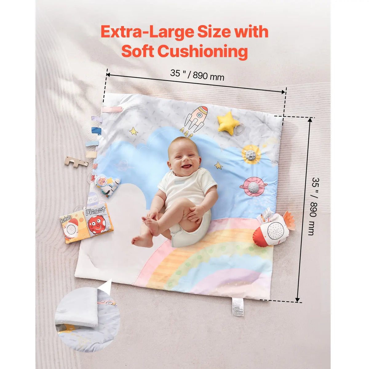 Tummy Time Activity Mat, Space Themed Baby Play Gym with 6 Hanging Sensory Toys, 35 x 35 Inch, for Newborn Infants 0-18 Months