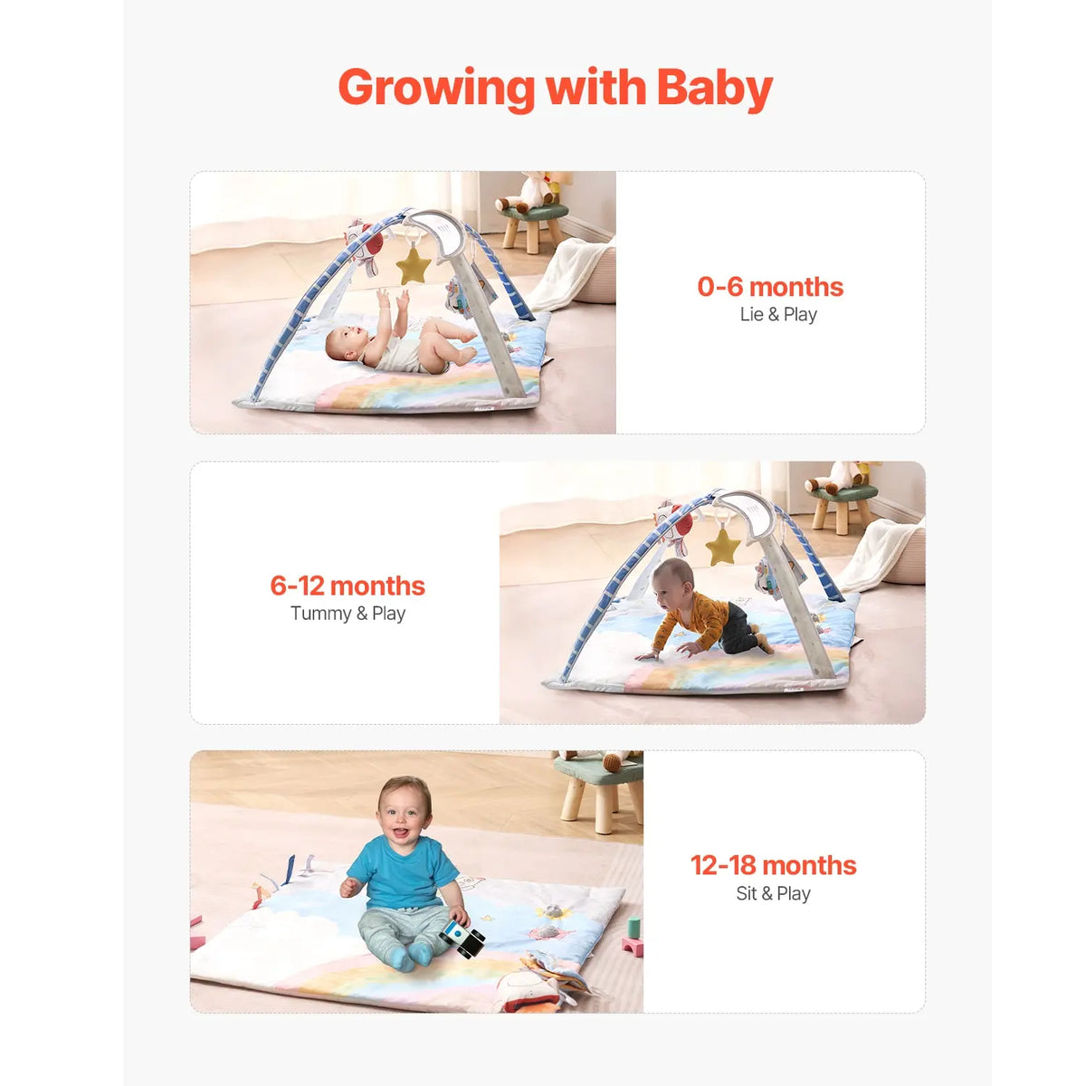 Tummy Time Activity Mat, Space Themed Baby Play Gym with 6 Hanging Sensory Toys, 35 x 35 Inch, for Newborn Infants 0-18 Months