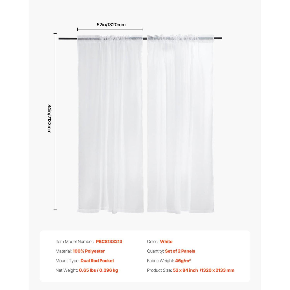 Sheer Curtains 52 W x 84 L inches 2 Panels Window Drapes Rod Pocket Polyester