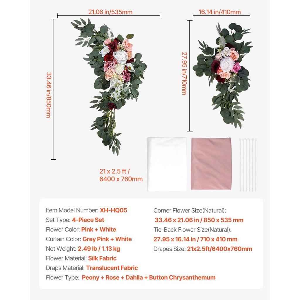 Artificial Wedding Arch Flowers Kit, 4 Pack with 21Ft Draping Fabric, Blush Pink & Ivory, Ceremony Reception Backdrop Decoration