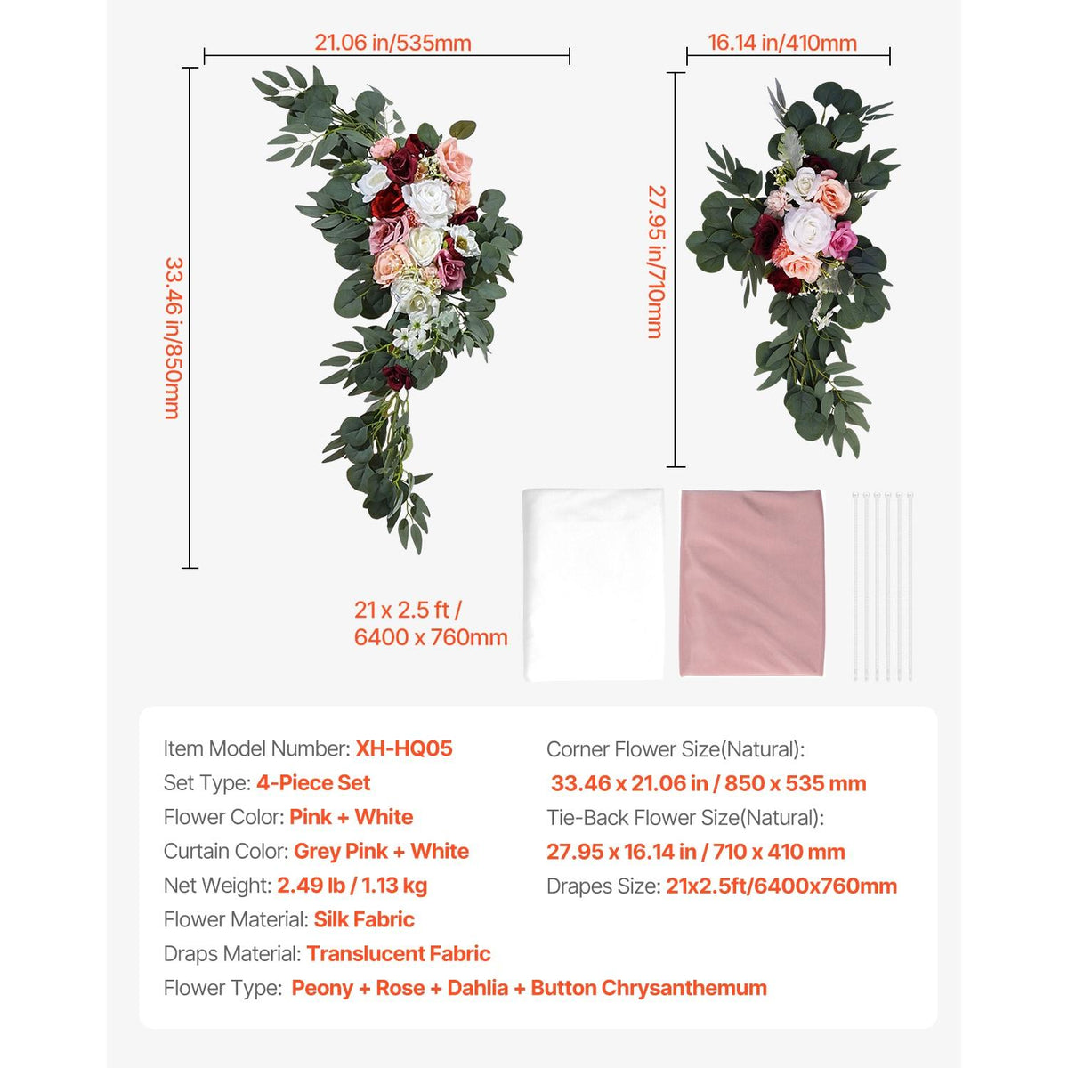 Artificial Wedding Arch Flowers Kit, 4 Pack with 21Ft Draping Fabric, Blush Pink & Ivory, Ceremony Reception Backdrop Decoration