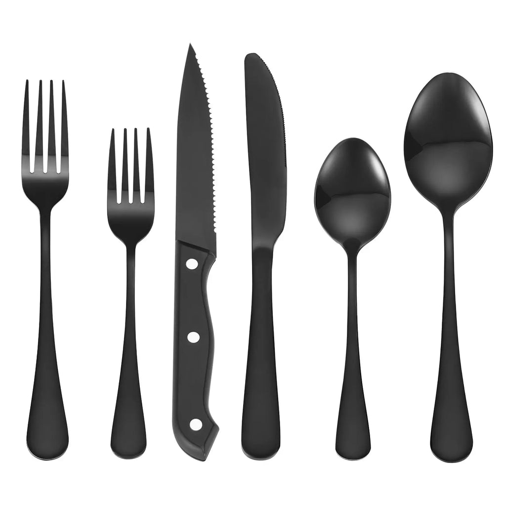 48-Piece Matte Black Silverware Set, Stainless Steel with Serrated Steak Knives, Service for 8, Kitchen Dining