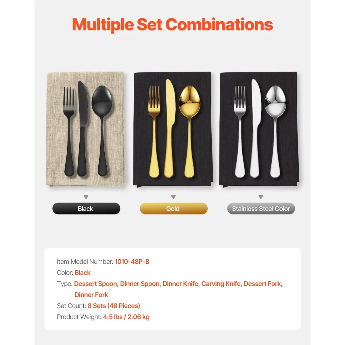 48-Piece Matte Black Silverware Set, Stainless Steel with Serrated Steak Knives, Service for 8, Kitchen Dining