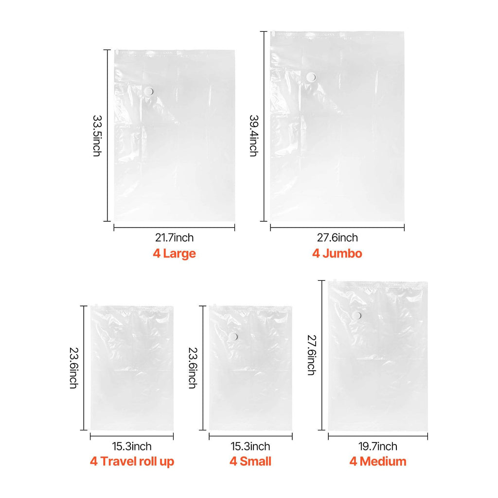 Vacuum Storage Bags, 20 Pack (4 Jumbo/4 Large/4 Medium/4 Small/4 Roll), Space Saver Airtight Seal Bags with Hand Pump for Clothes, Bedding, Travel