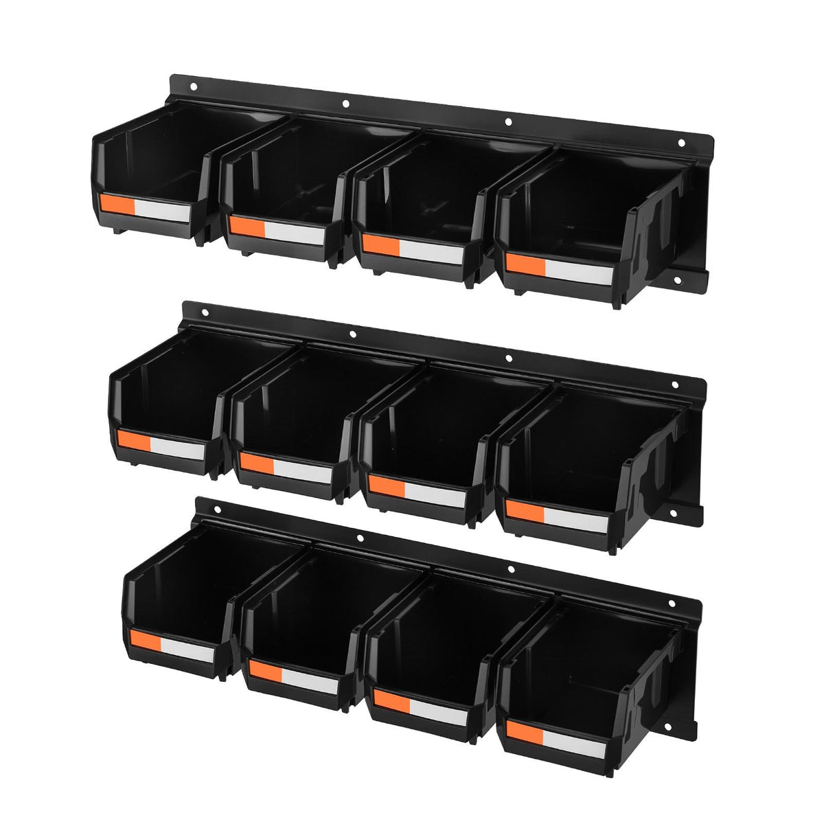 12 Plastic Bins, 3 Metal Rails, Wall Mount Storage Bins, Stackable Hardware Organizer for Screws, Bolts, Nuts, Nails, Workshop, Garage, Craft, Black